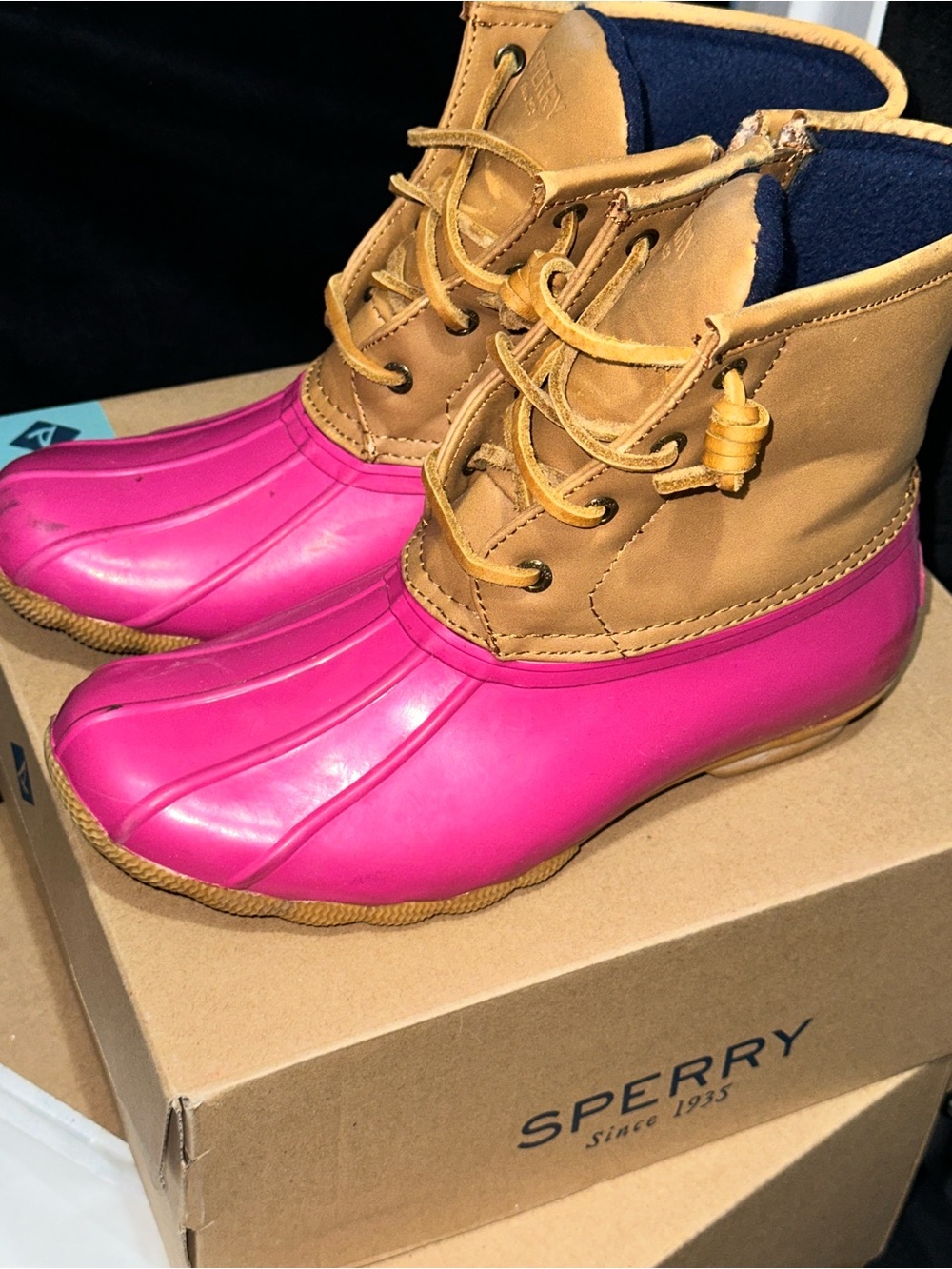 Sperry Kids Bright Pink and Tan Duck Boots